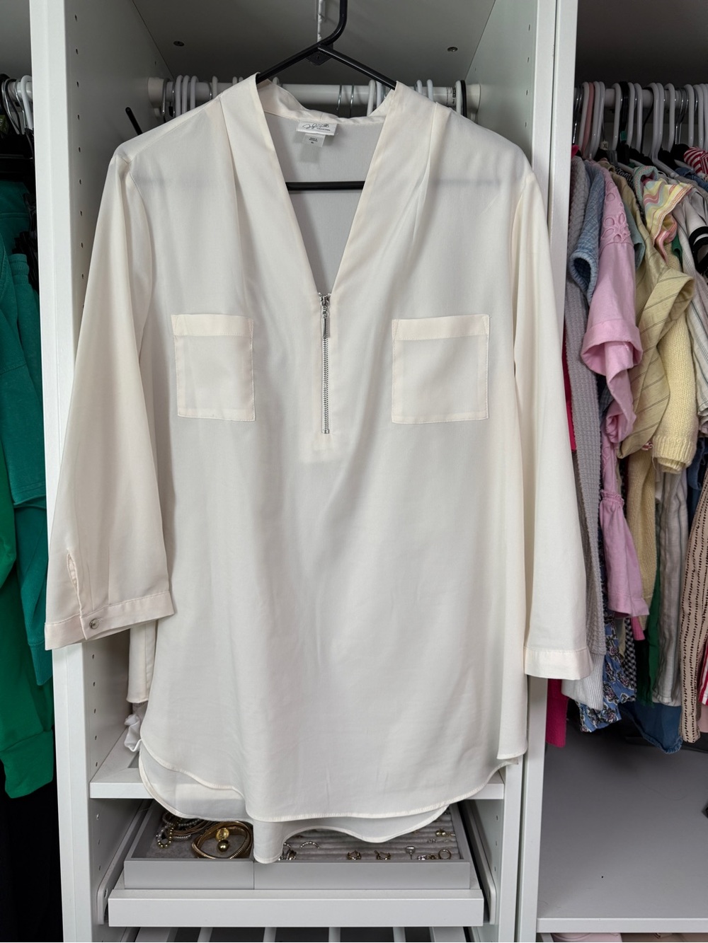 Jaclyn Smith Cream Zip-Front Pullover Blouse with Patch Pockets